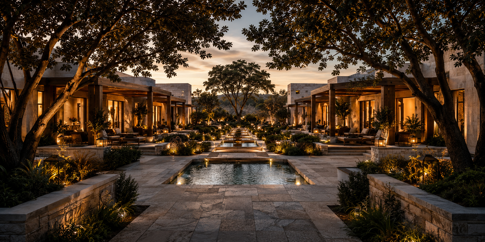Capella Nuova landscaped courtyard with mature trees and stone pathway